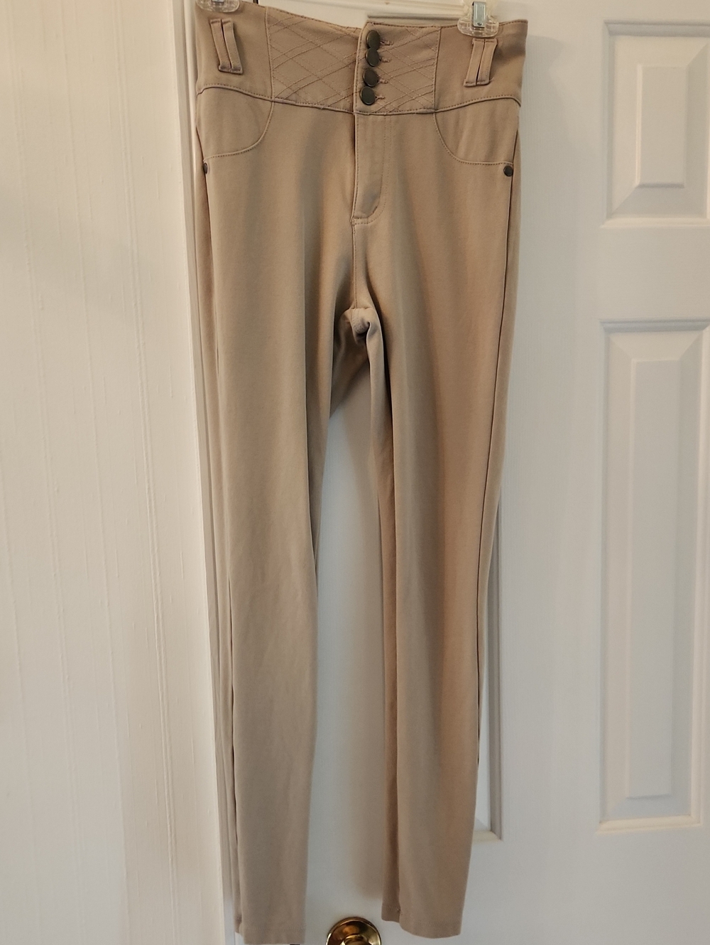 Ci Sono Beige Slim Pants/leggings With Zipper And Button High Waist